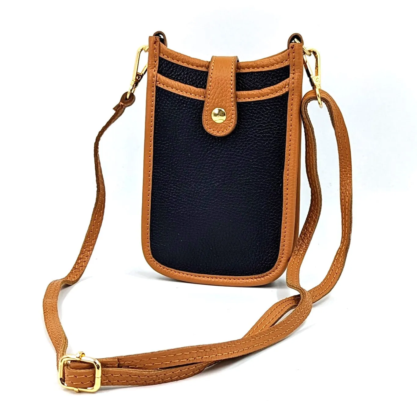 2 Tone smart and substantial leather cross body phone style bag with tan edging