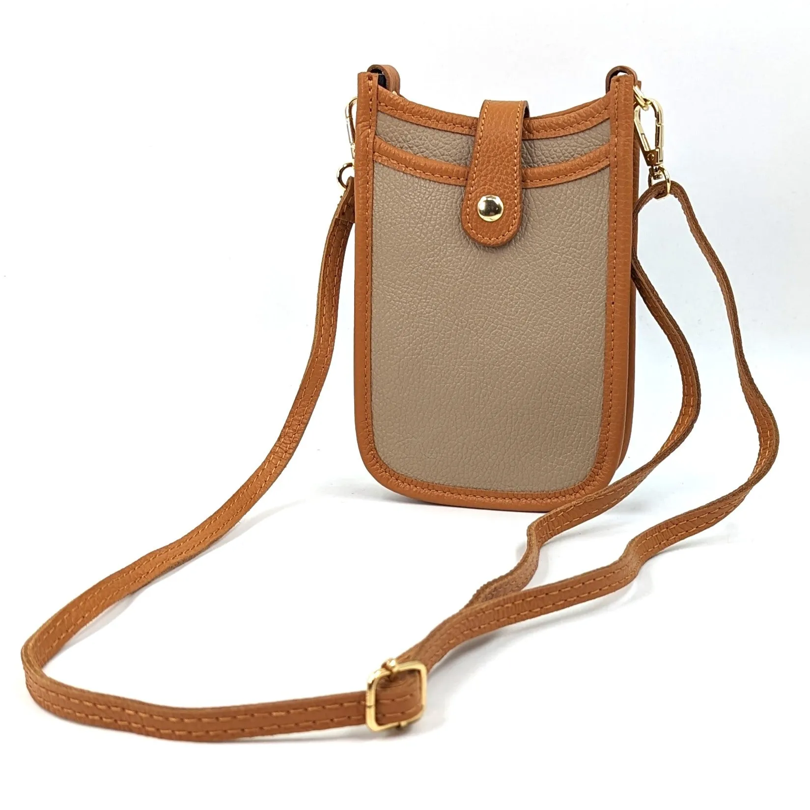 2 Tone smart and substantial leather cross body phone style bag with tan edging