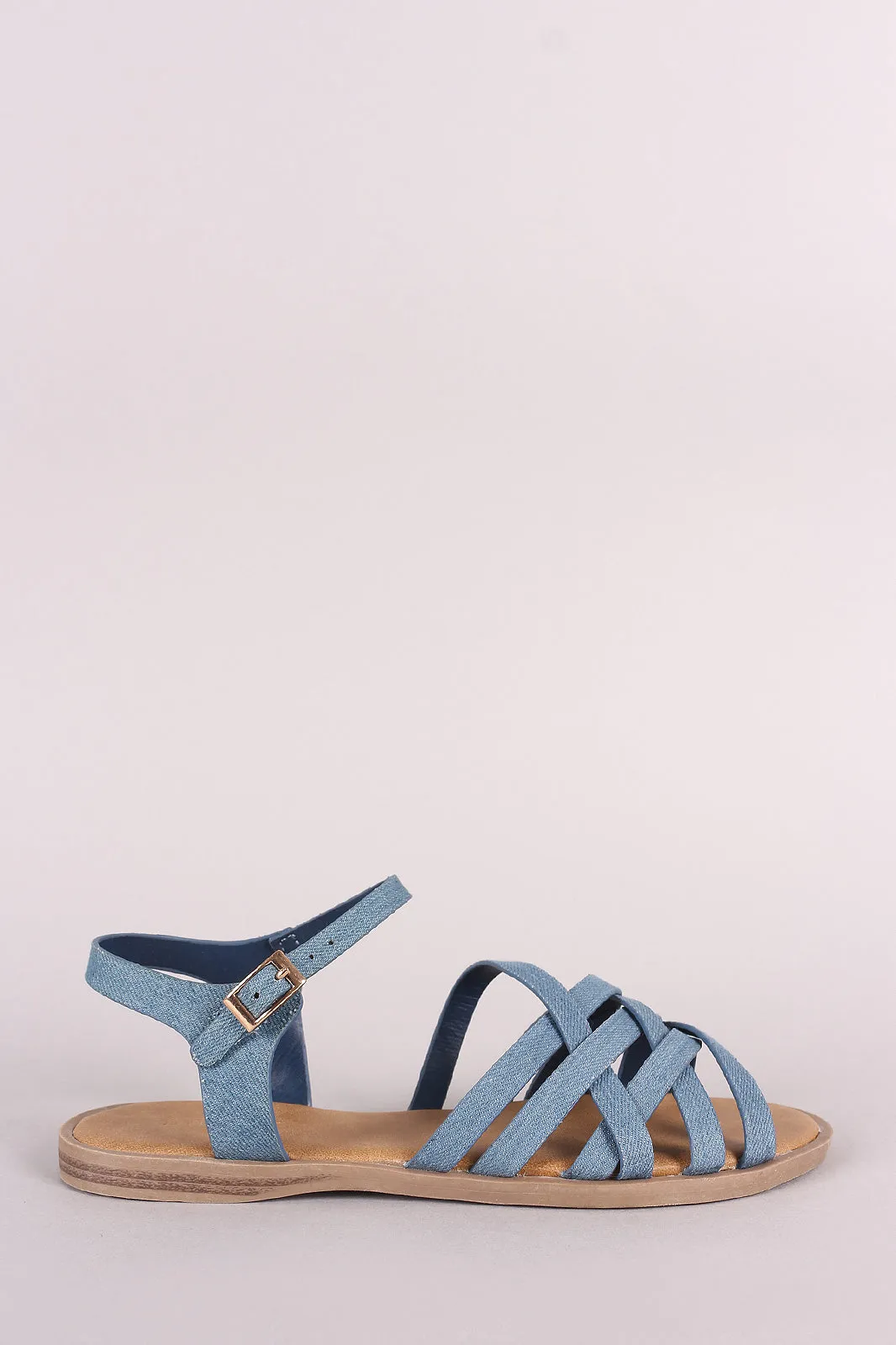 Bamboo Denim Open Toe Weaved Band Flat Sandal