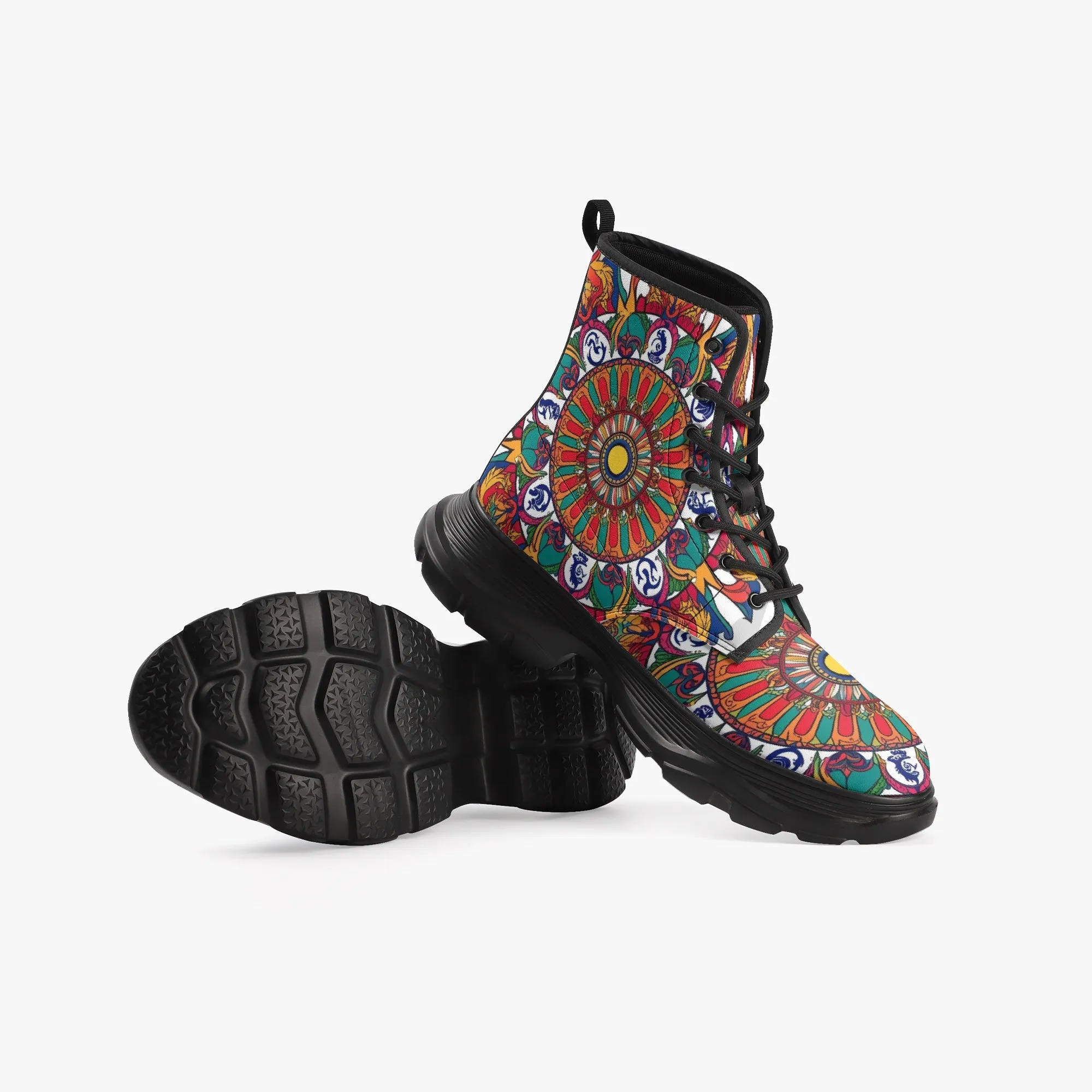Brown & Green Mandala Casual Leather Chunky Boots