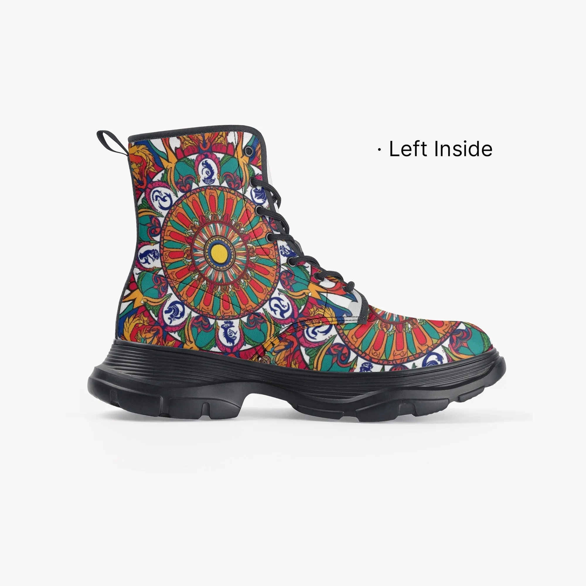 Brown & Green Mandala Casual Leather Chunky Boots
