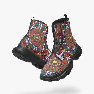 Brown & Green Mandala Casual Leather Chunky Boots