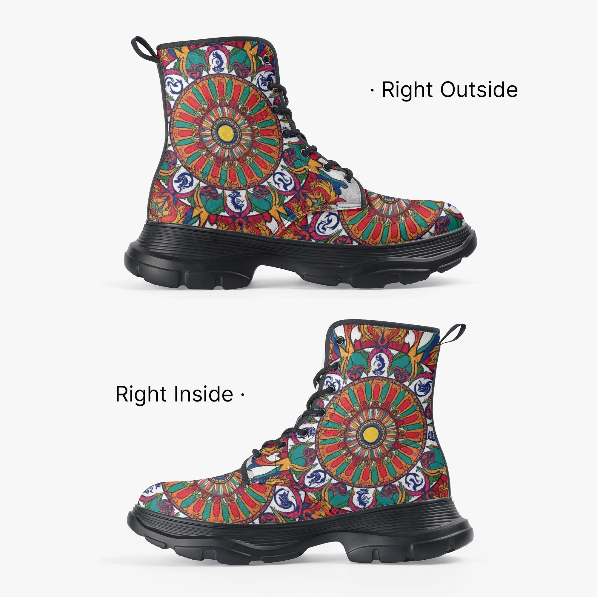 Brown & Green Mandala Casual Leather Chunky Boots