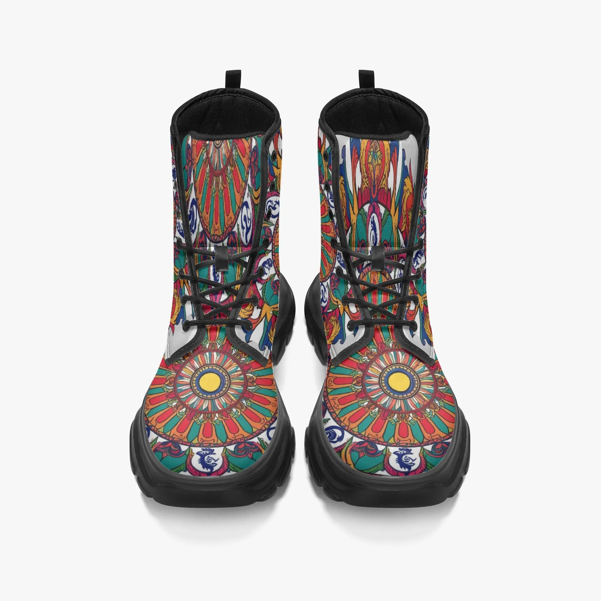 Brown & Green Mandala Casual Leather Chunky Boots