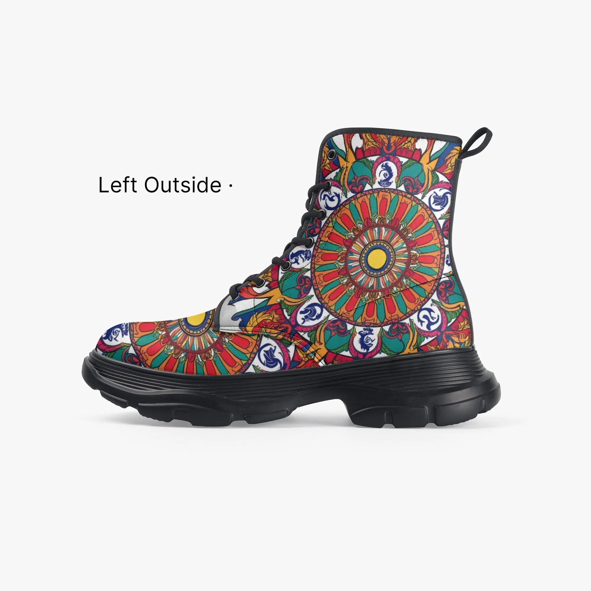 Brown & Green Mandala Casual Leather Chunky Boots