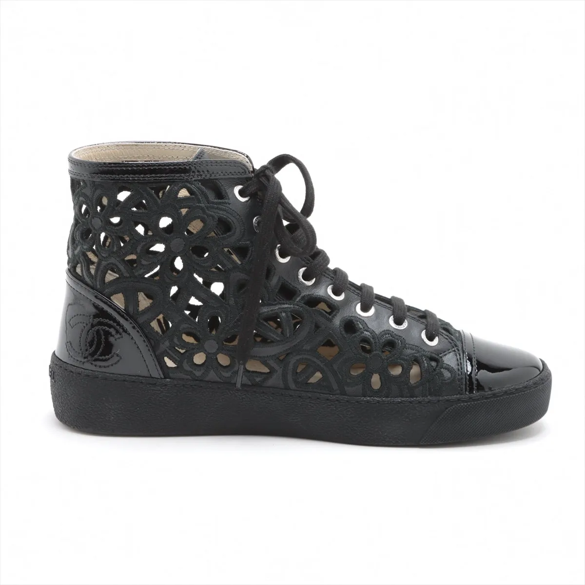 Chanel Coco Leather X Fabric High-Cut Trainers 38  Black Flower Race