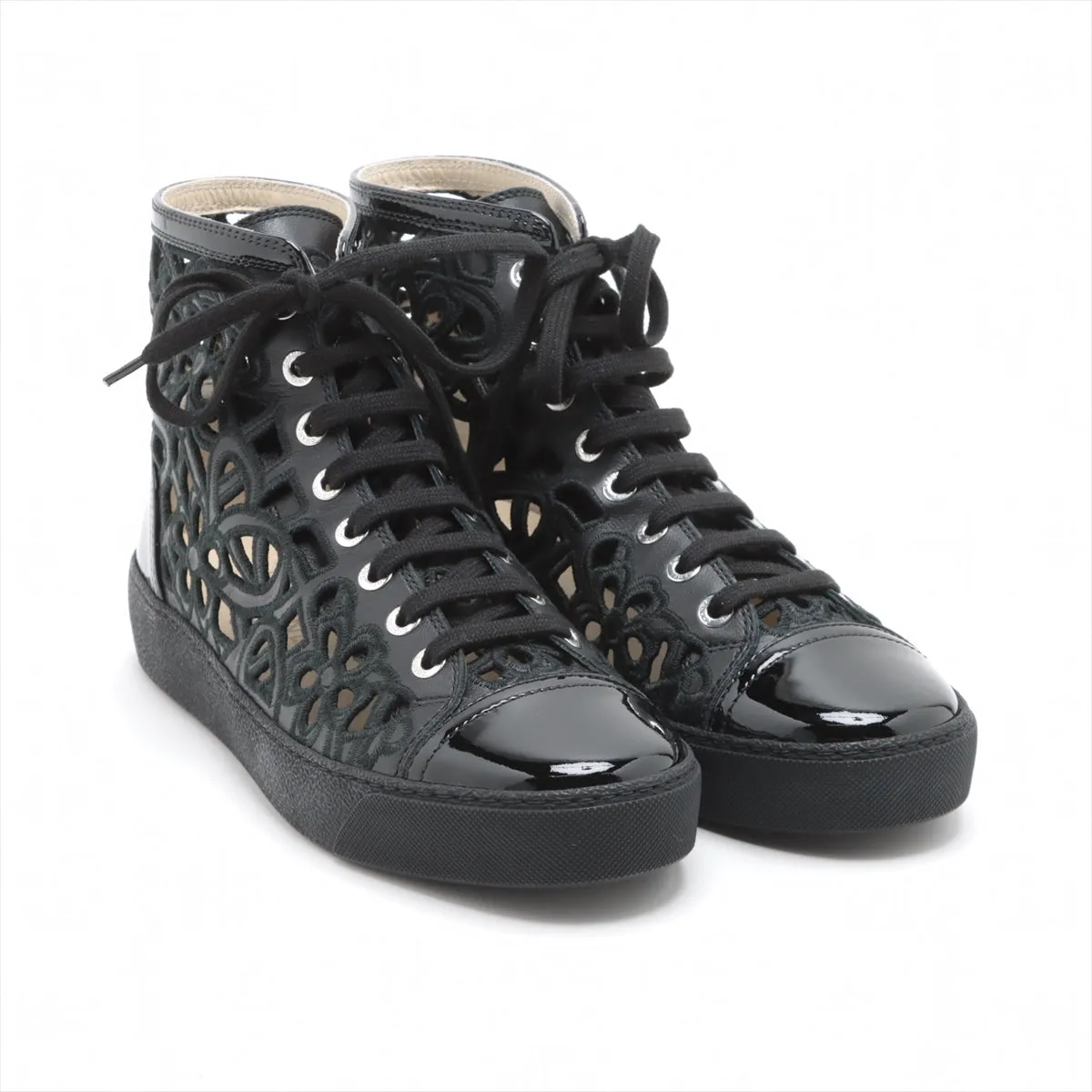 Chanel Coco Leather X Fabric High-Cut Trainers 38  Black Flower Race