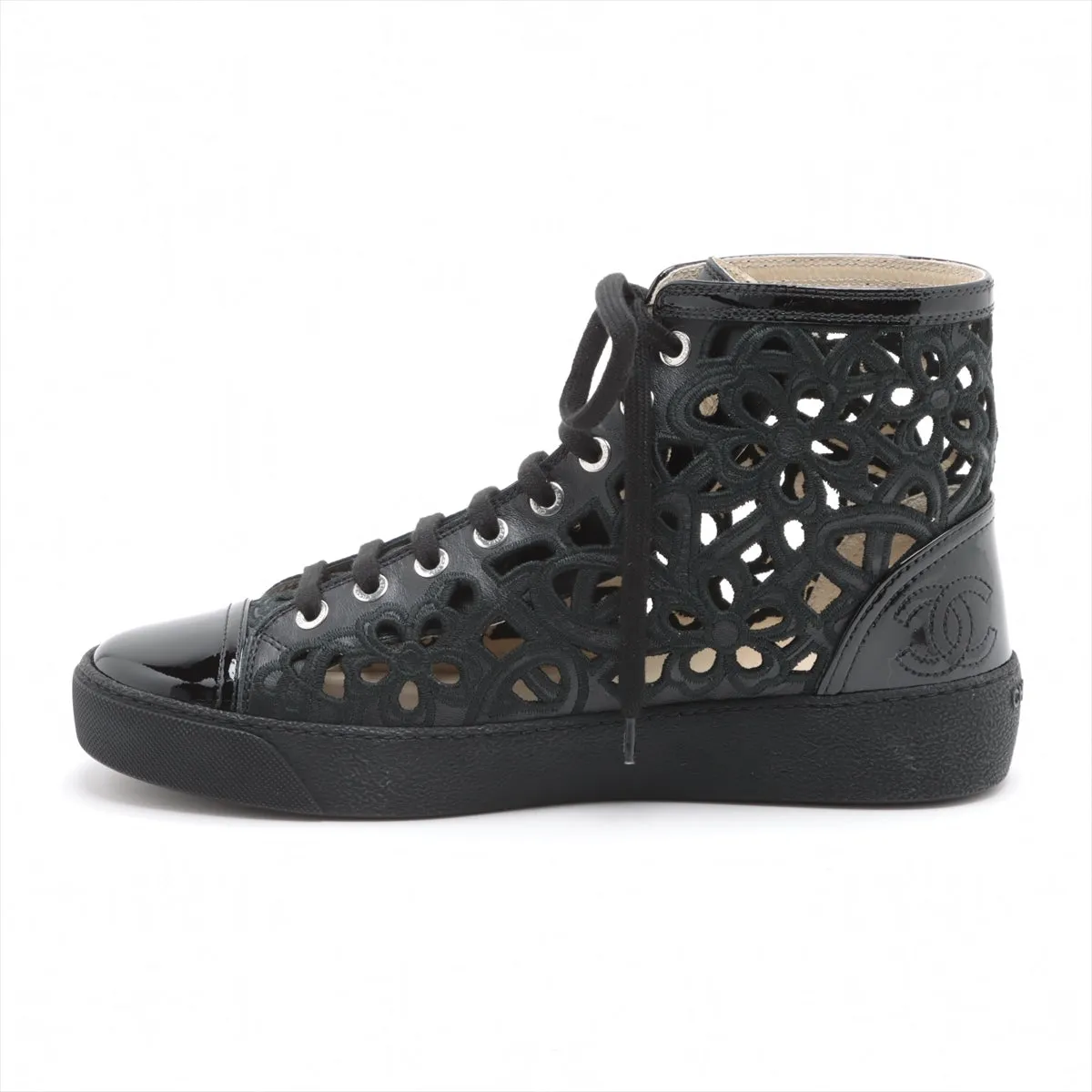 Chanel Coco Leather X Fabric High-Cut Trainers 38  Black Flower Race
