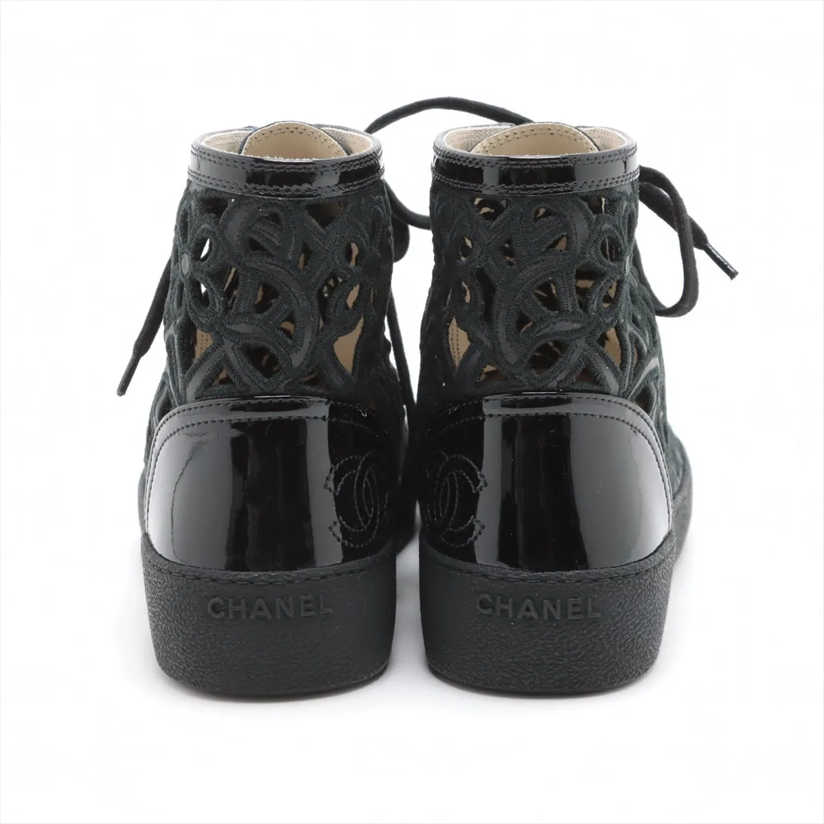 Chanel Coco Leather X Fabric High-Cut Trainers 38  Black Flower Race