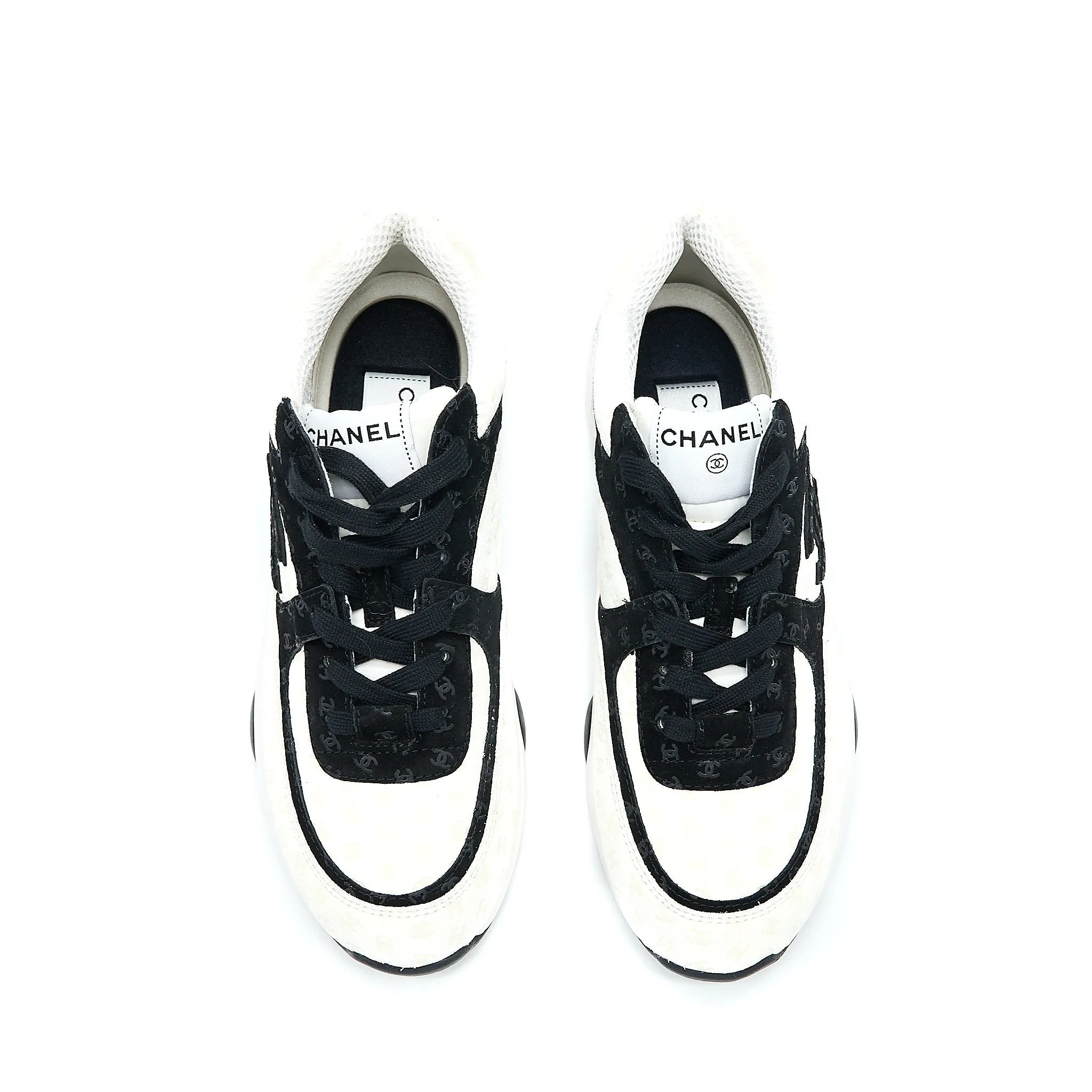 Chanel Size 38.5 22A Trainers Printed Suede Calfskin Black/White