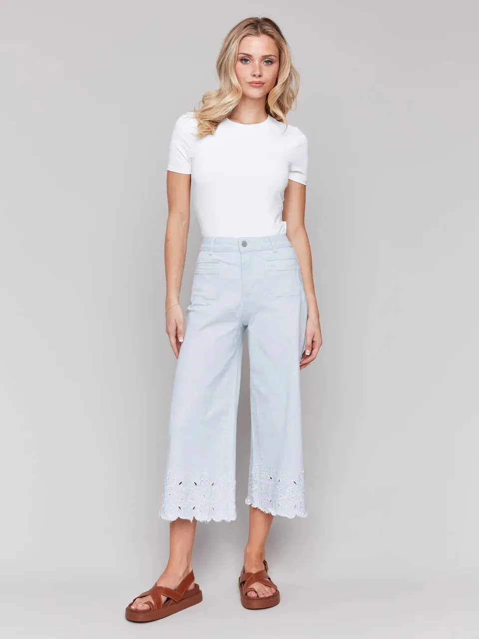 Charlie B Wide-Leg Cropped Jeans with Scallop Embroidered Hem - Stripes