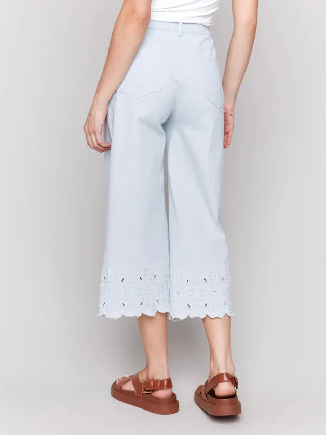 Charlie B Wide-Leg Cropped Jeans with Scallop Embroidered Hem - Stripes