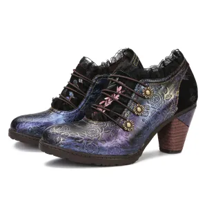 CrazycatZ Leather Pumps,Women  Vintage Block Heel Oxford Vintage Shoes Colorful Lace Trim Chunky Heels Pumps Blue