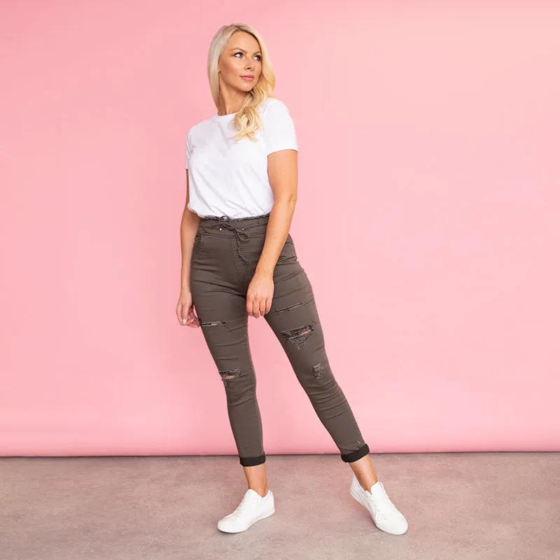 Dana Drawstring Vintage Jeggings (Khaki)