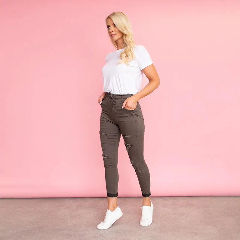Dana Drawstring Vintage Jeggings (Khaki)