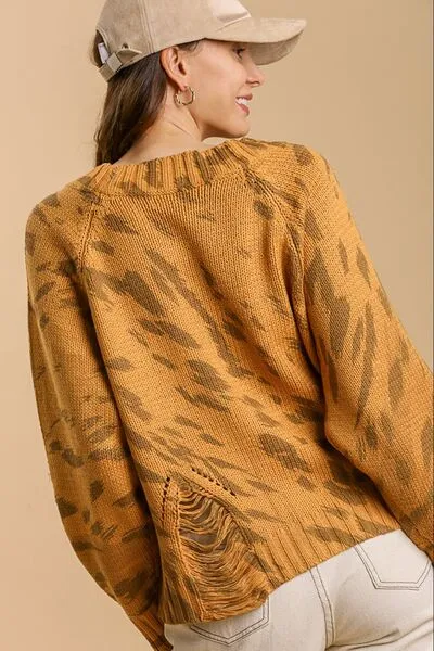Distressed Animal Print Knit Sweater – Casual & Trendy Fall Fashion
