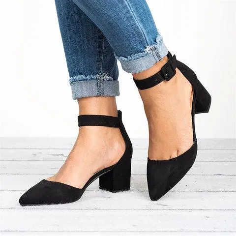 elveswallet Pointed Toe Chunky Heel Pumps Adjustable Buckle Heel Sandals