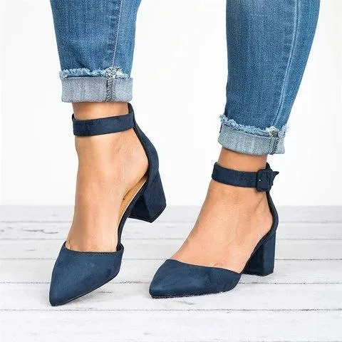 elveswallet Pointed Toe Chunky Heel Pumps Adjustable Buckle Heel Sandals