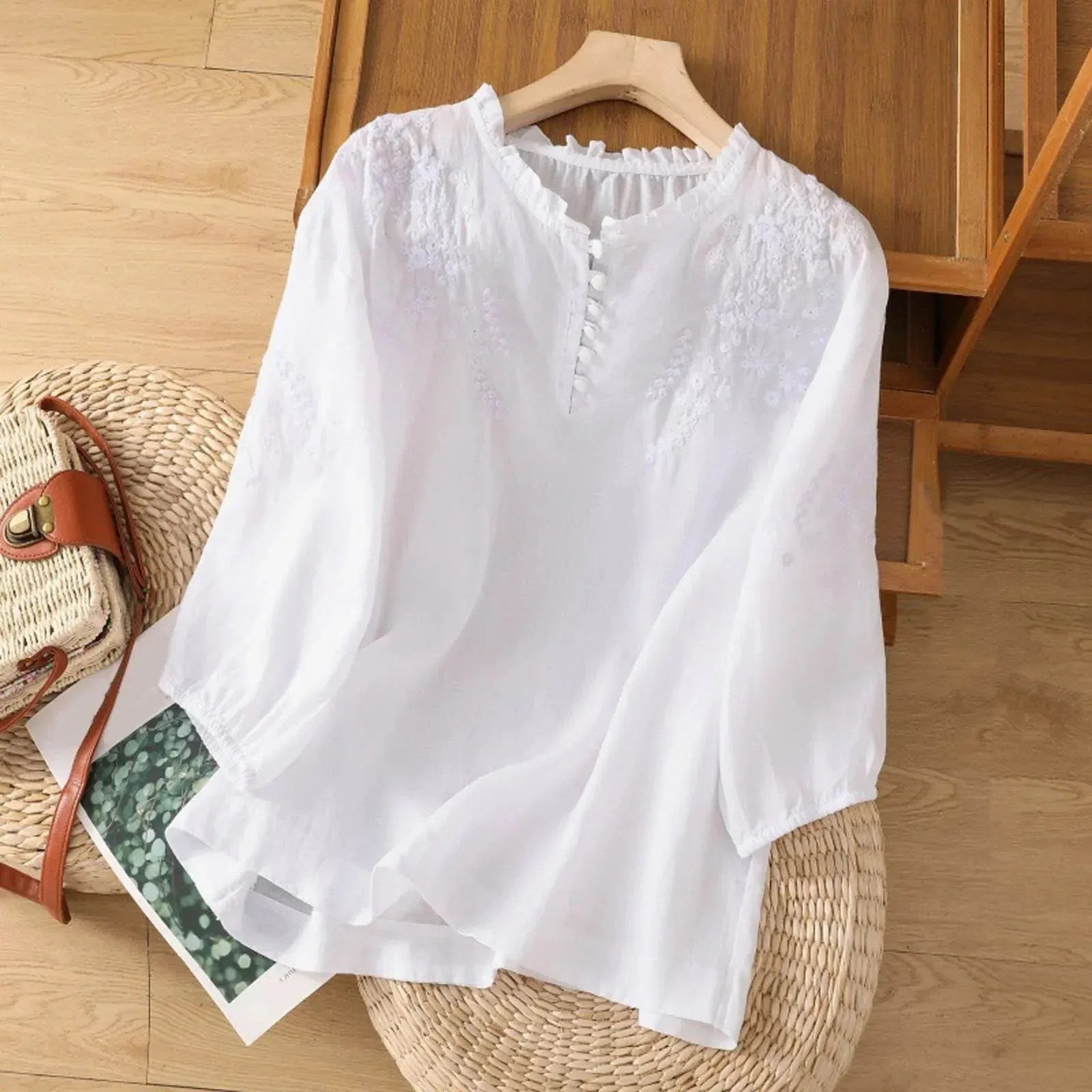 Evelyn  Embroidered Button-Front Blouse