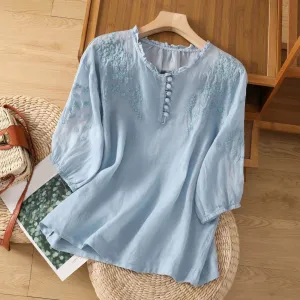Evelyn  Embroidered Button-Front Blouse