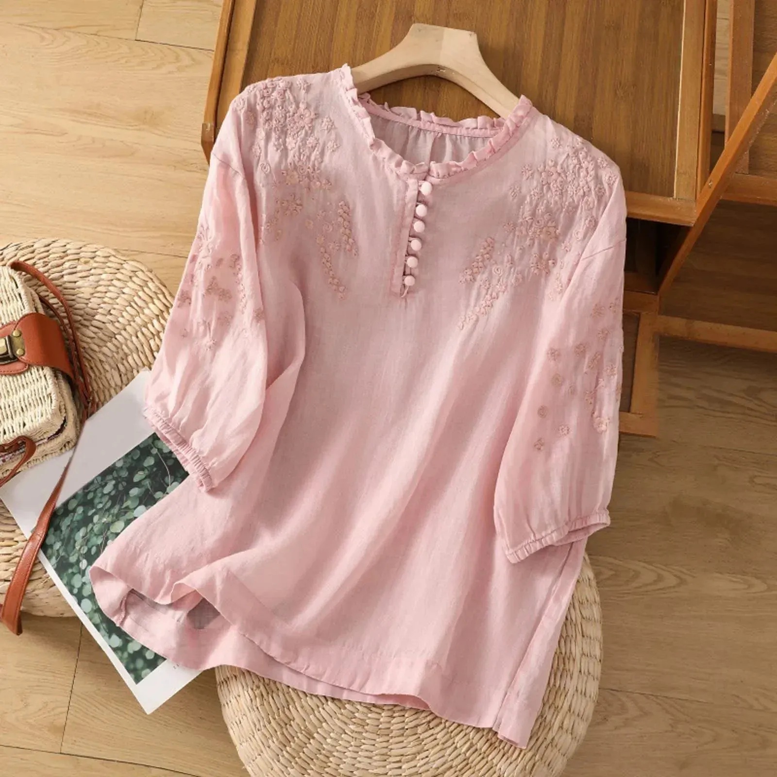 Evelyn  Embroidered Button-Front Blouse