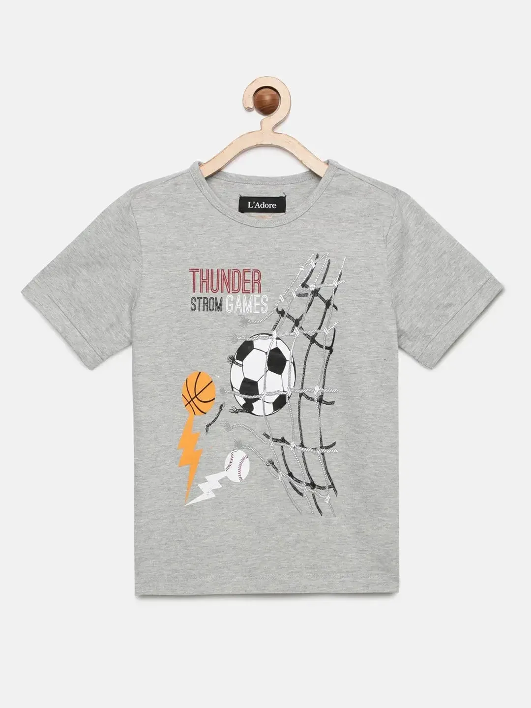 Grey Heather Ball Printed Round Neck Cotton T-shirt
