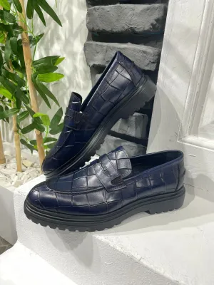 HolloMen Navy Blue Croc-Embossed Leather Loafers.