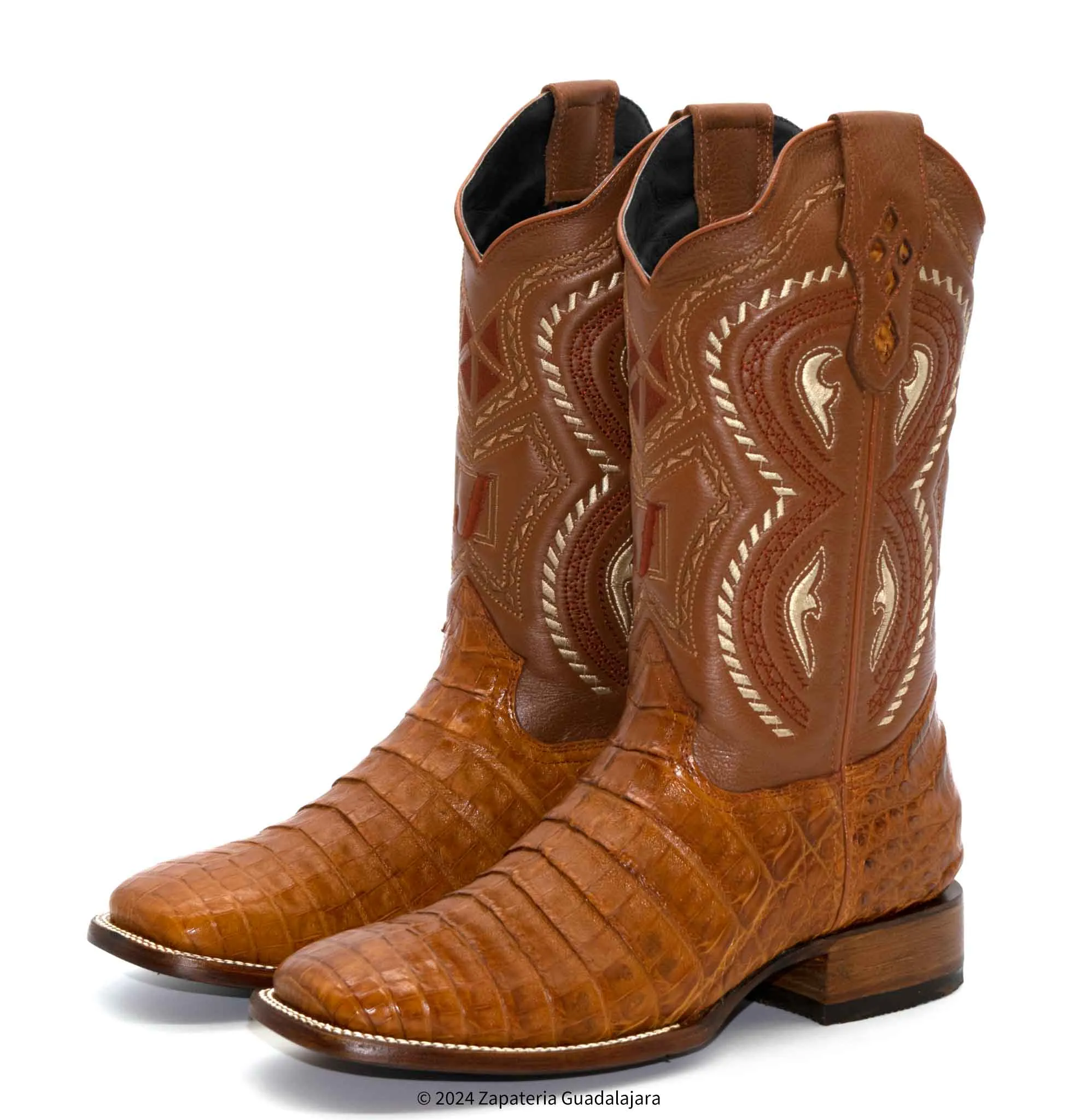 JB706 MEN WIDE SQUARE TOE CAIMAN BELLY COGNAC BOOT