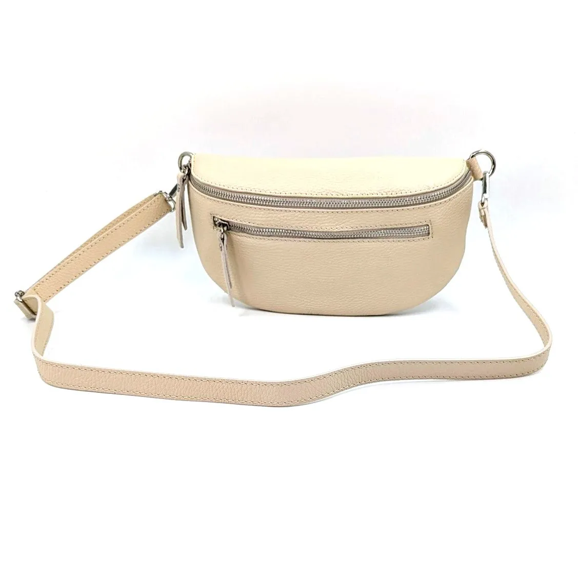 Large and slender leather bumbag with silver hardware double zip detail