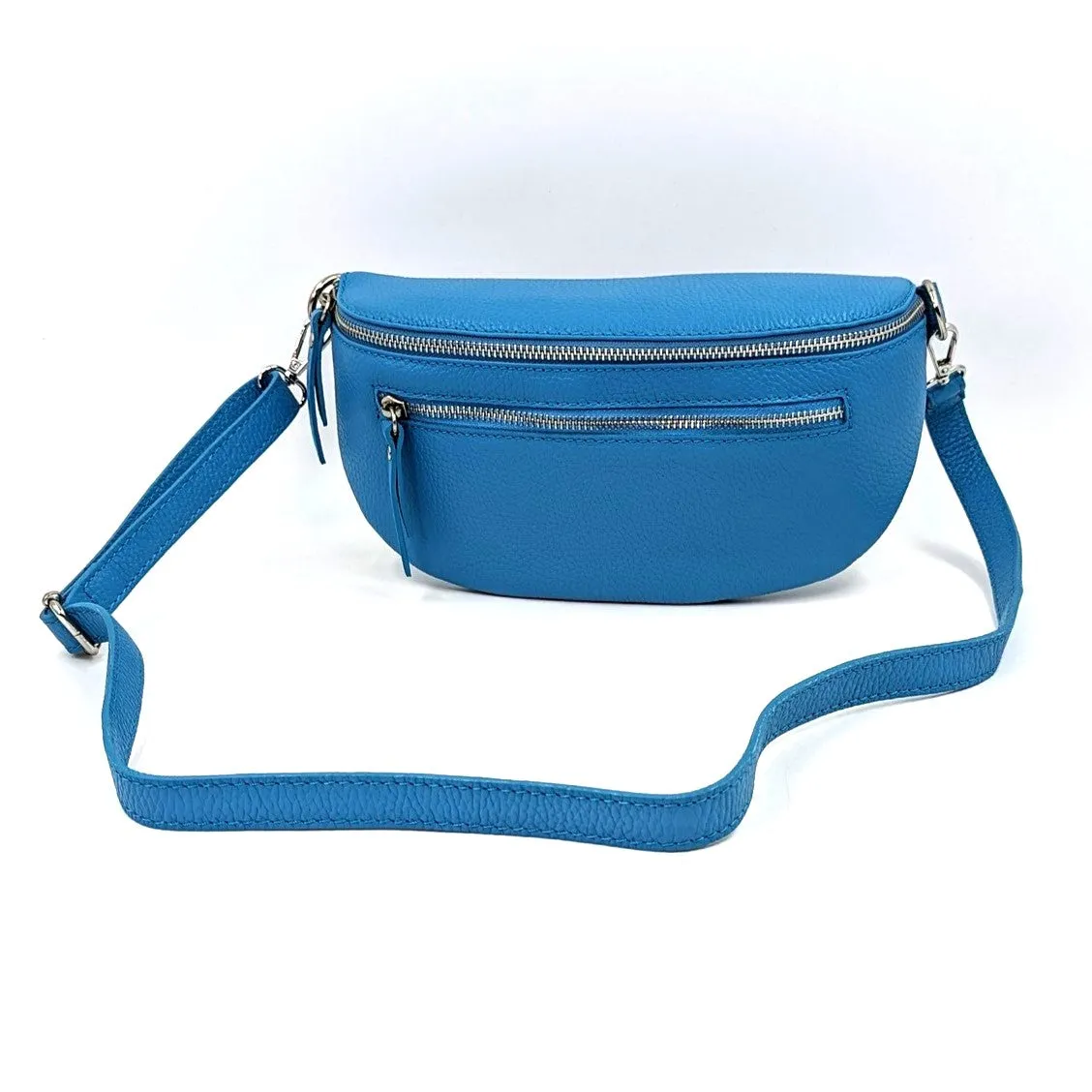 Large and slender leather bumbag with silver hardware double zip detail