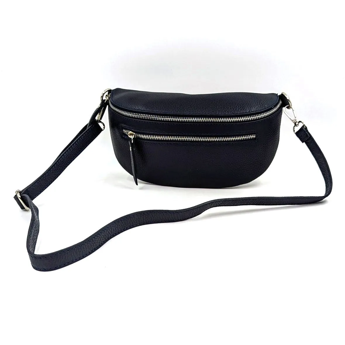 Large and slender leather bumbag with silver hardware double zip detail