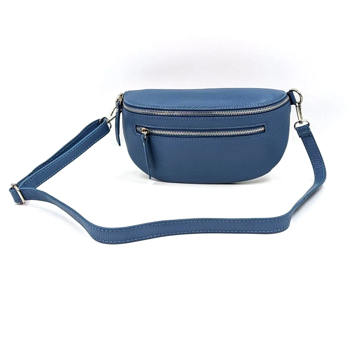Large and slender leather bumbag with silver hardware double zip detail