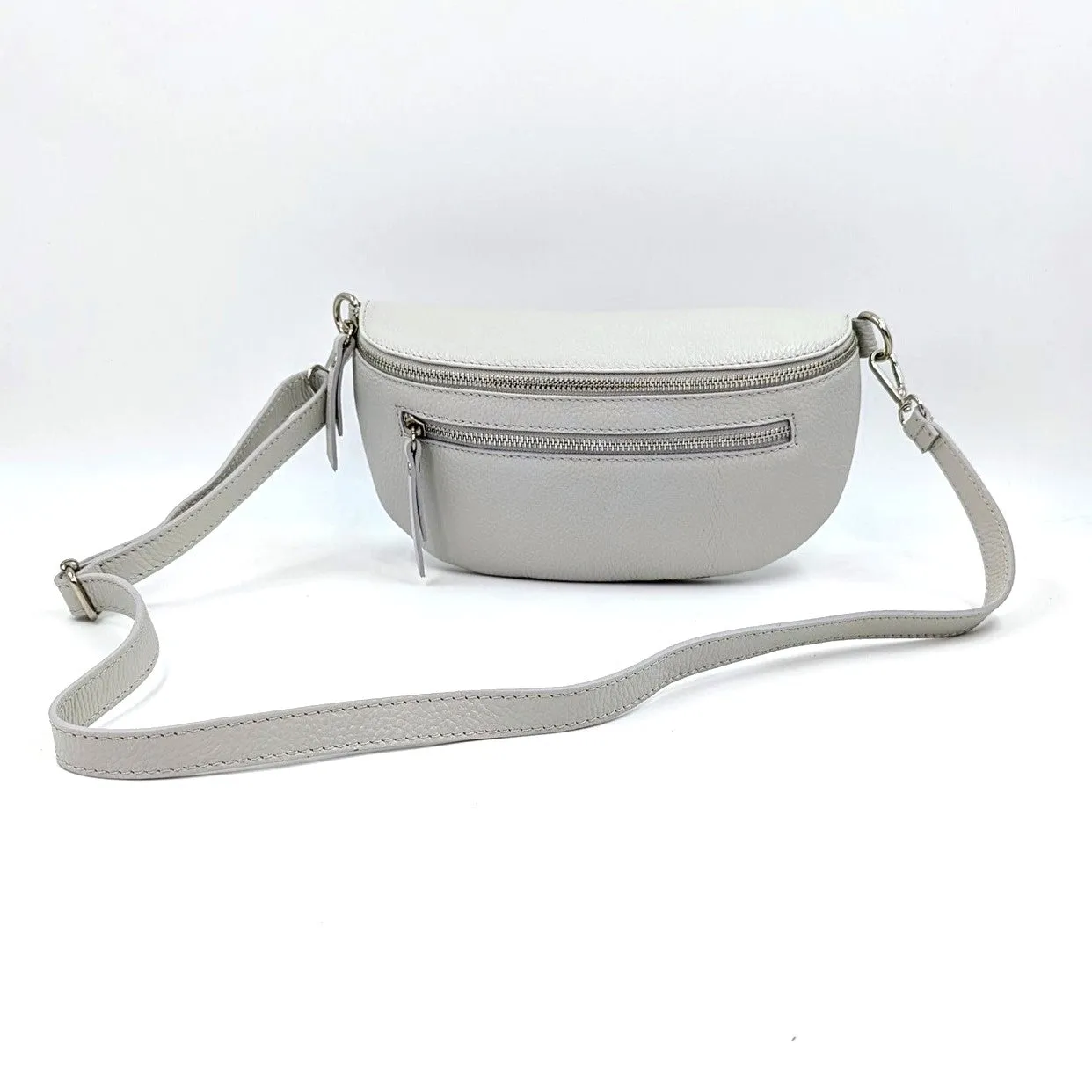 Large and slender leather bumbag with silver hardware double zip detail