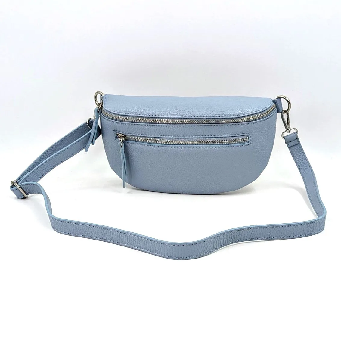 Large and slender leather bumbag with silver hardware double zip detail