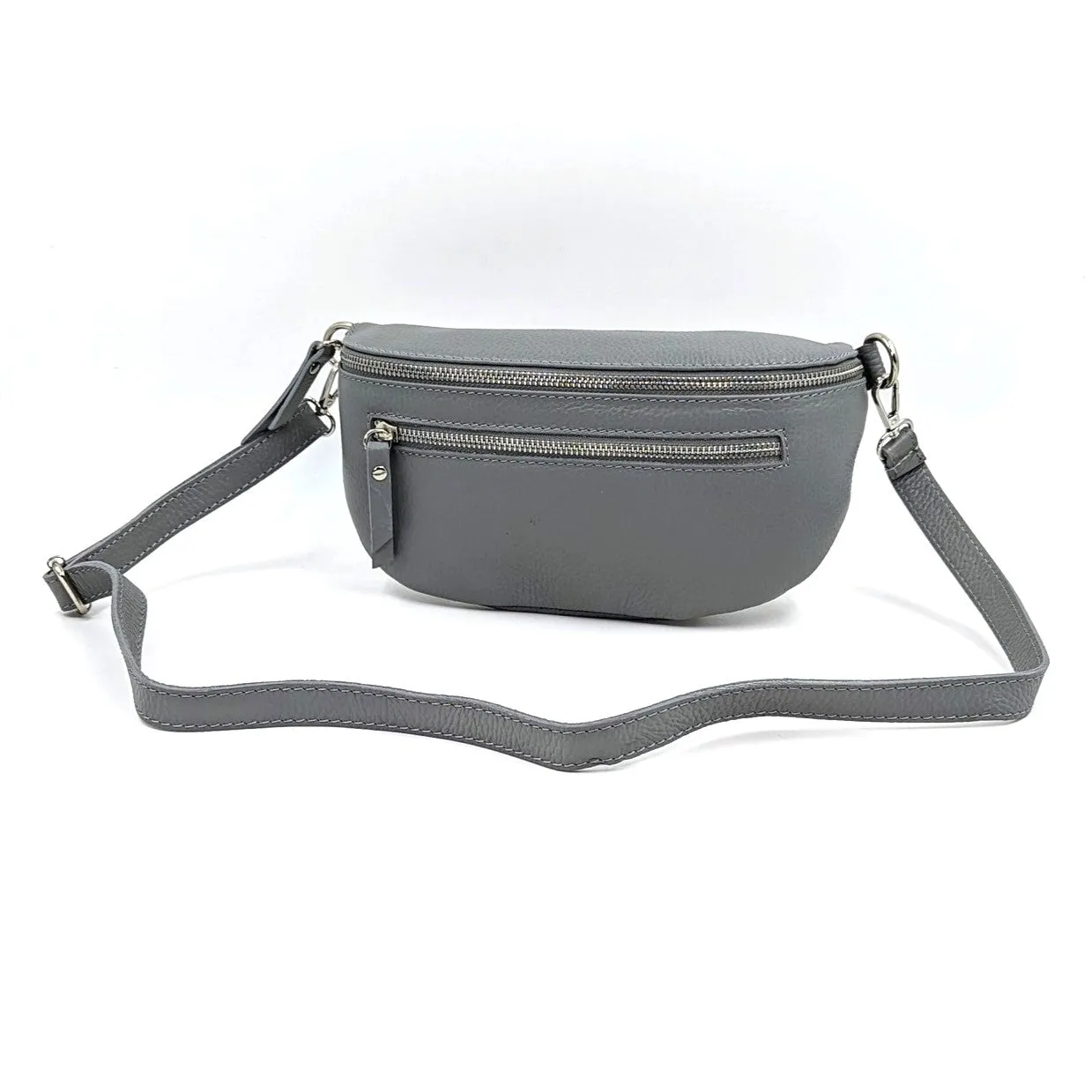 Large and slender leather bumbag with silver hardware double zip detail
