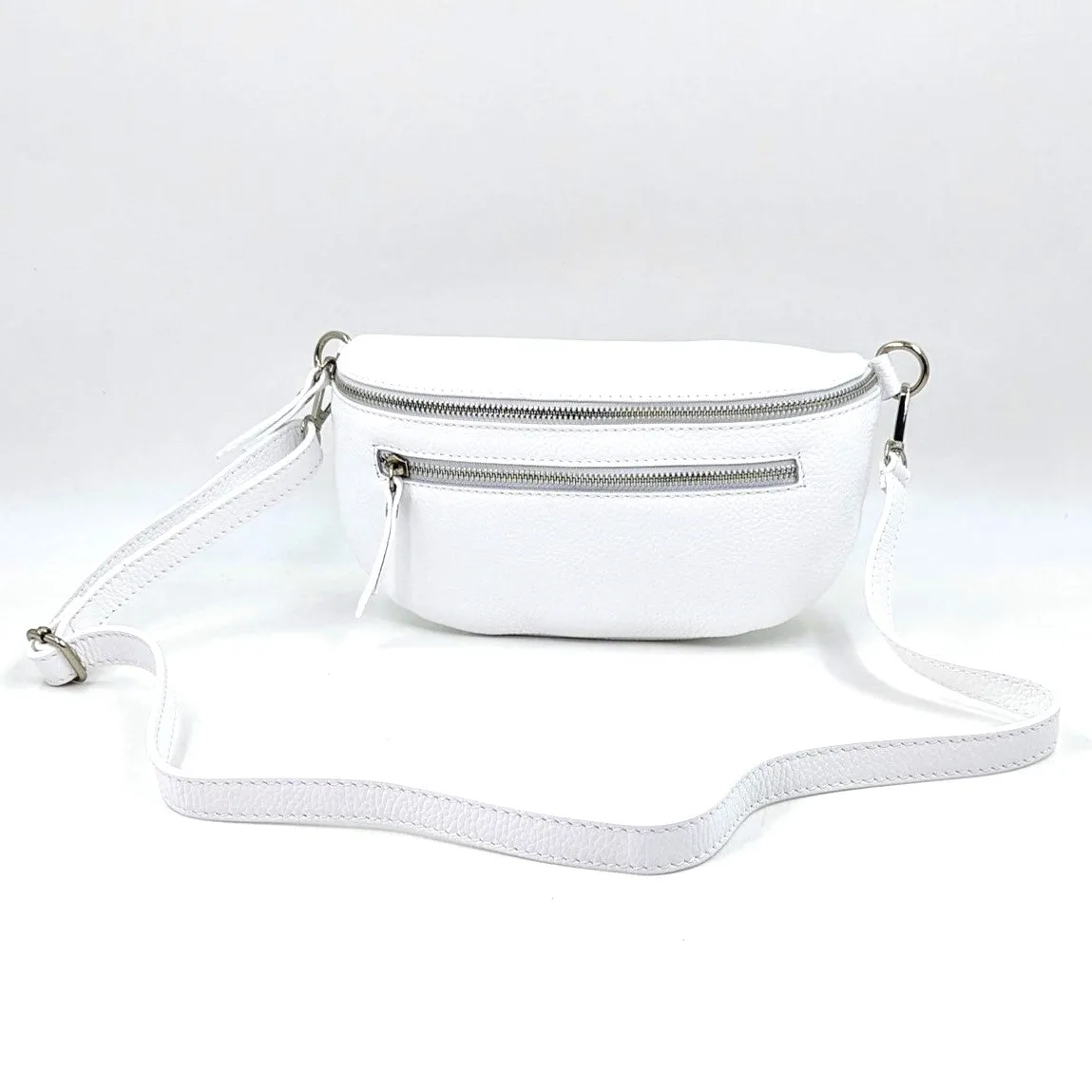 Large and slender leather bumbag with silver hardware double zip detail