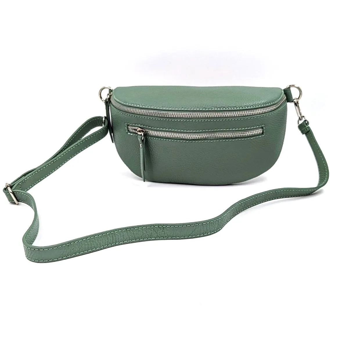 Large and slender leather bumbag with silver hardware double zip detail