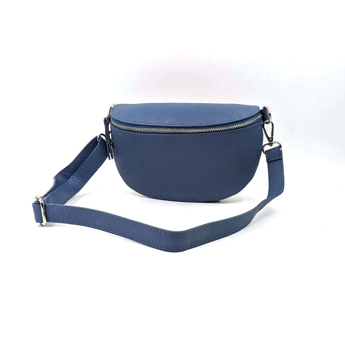 Large and slender leather bumbag with silver hardware