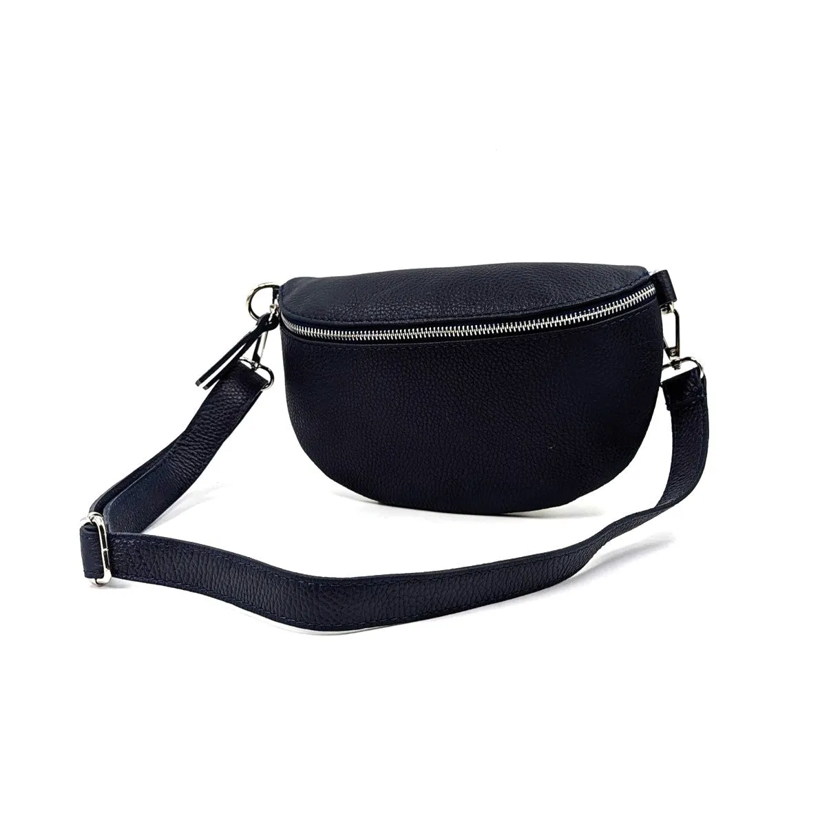 Large and slender leather bumbag with silver hardware