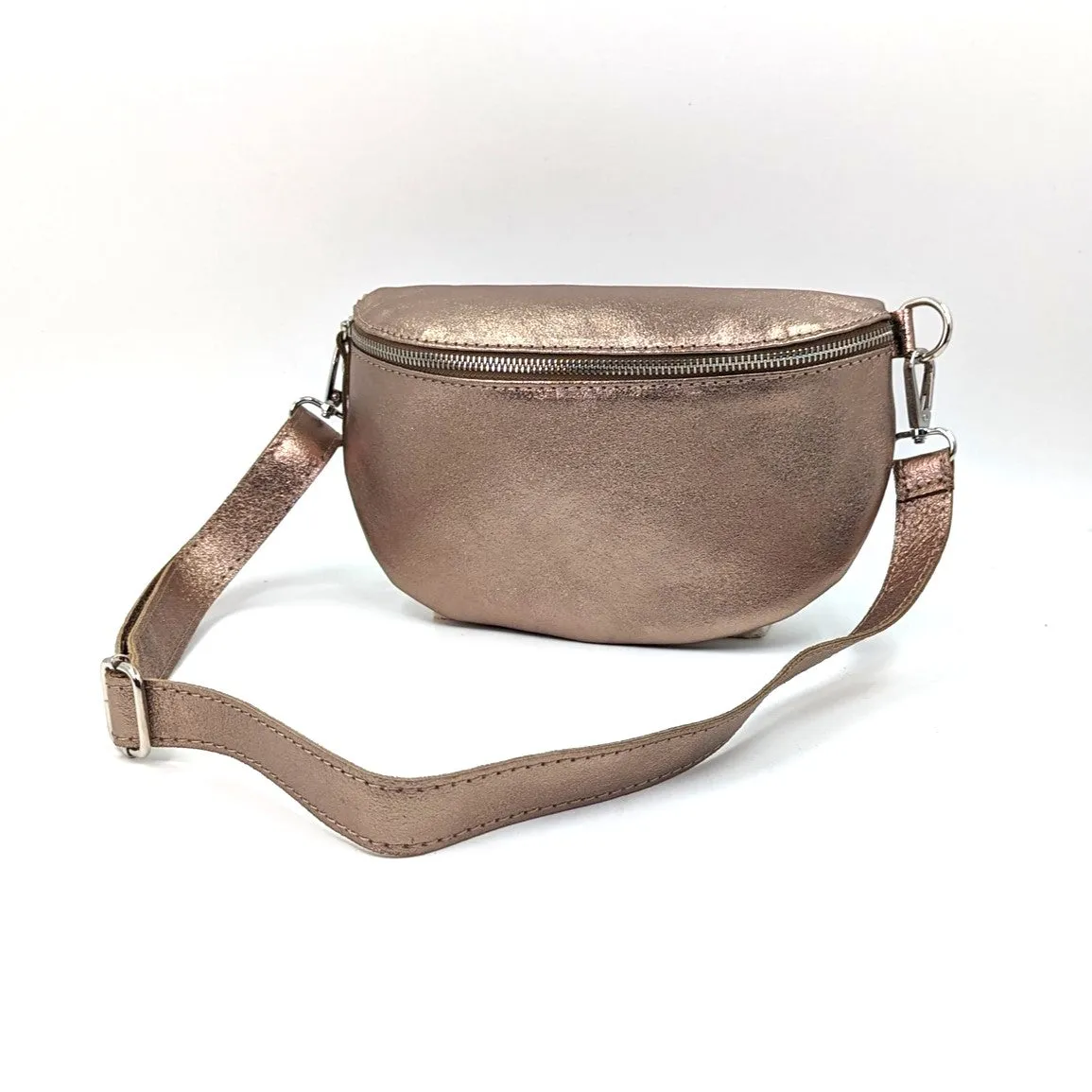 Large and slender leather bumbag with silver hardware