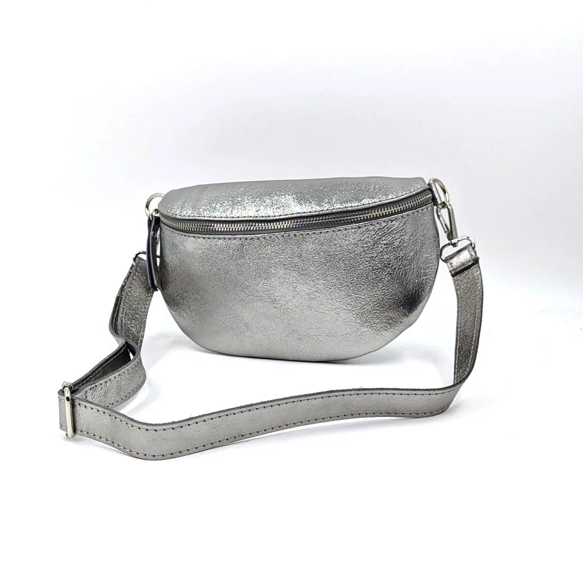 Large and slender leather bumbag with silver hardware