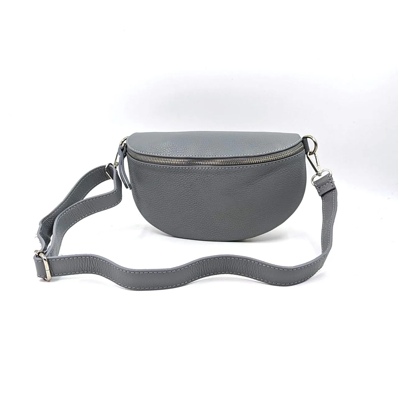 Large and slender leather bumbag with silver hardware