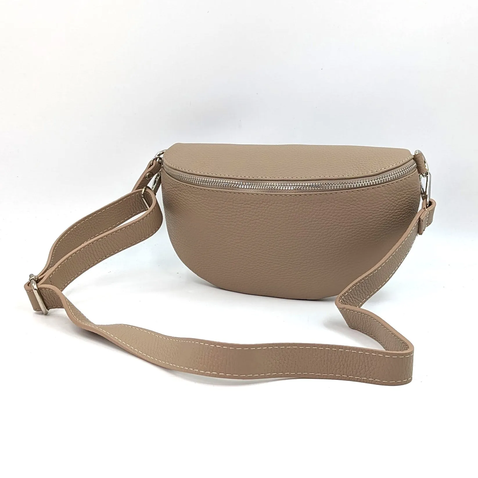 Large and slender leather bumbag with silver hardware