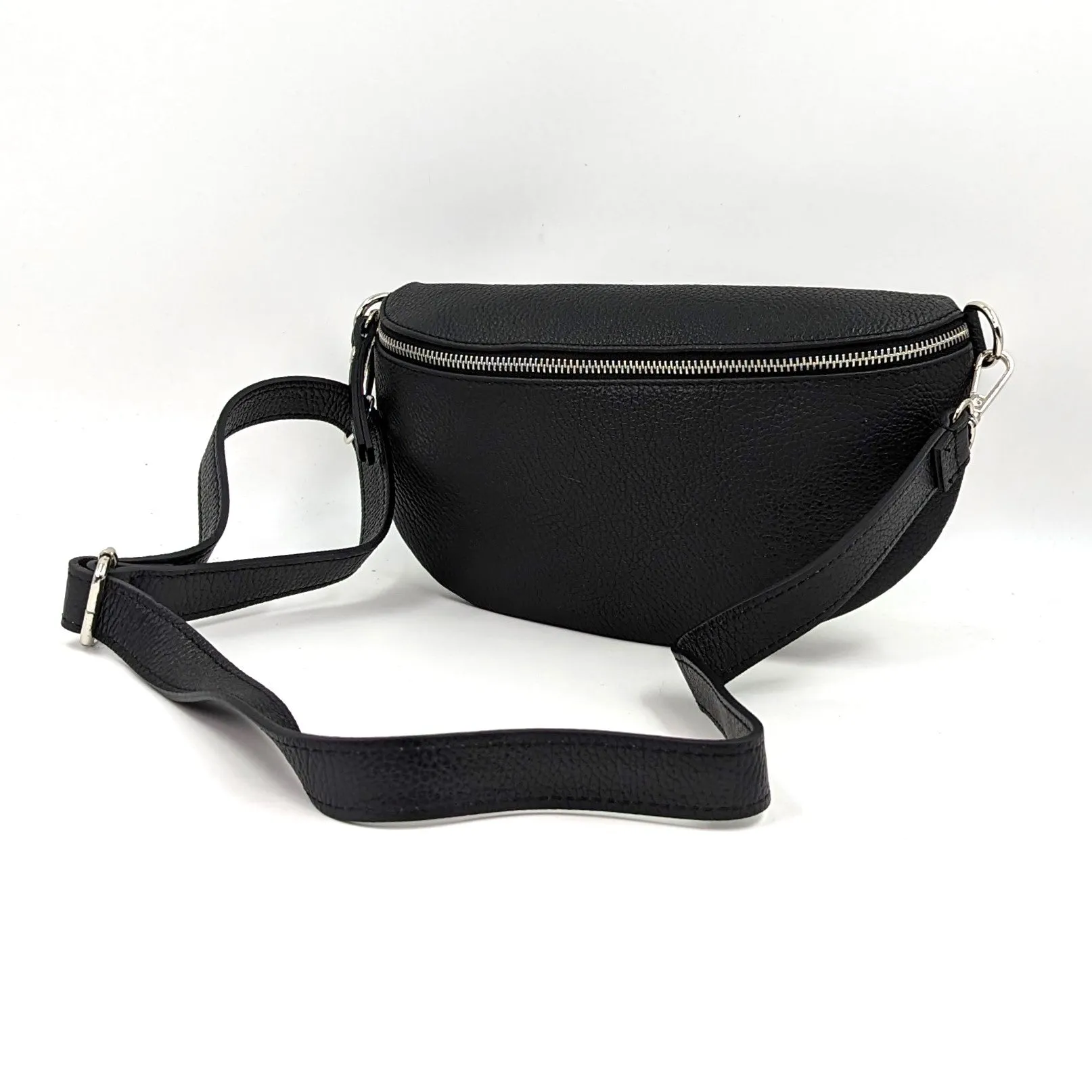 Large and slender leather bumbag with silver hardware