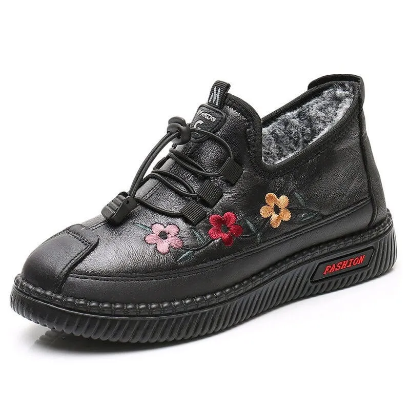 Leather Fur Moccasins Women Loafers for Elderly Females Soft Warm