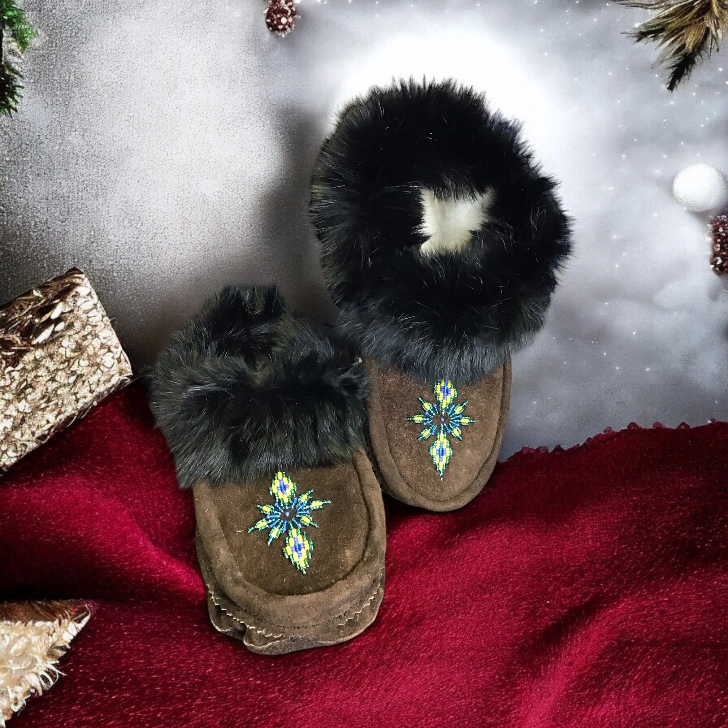 Moccasins Brown with Green Beadwork