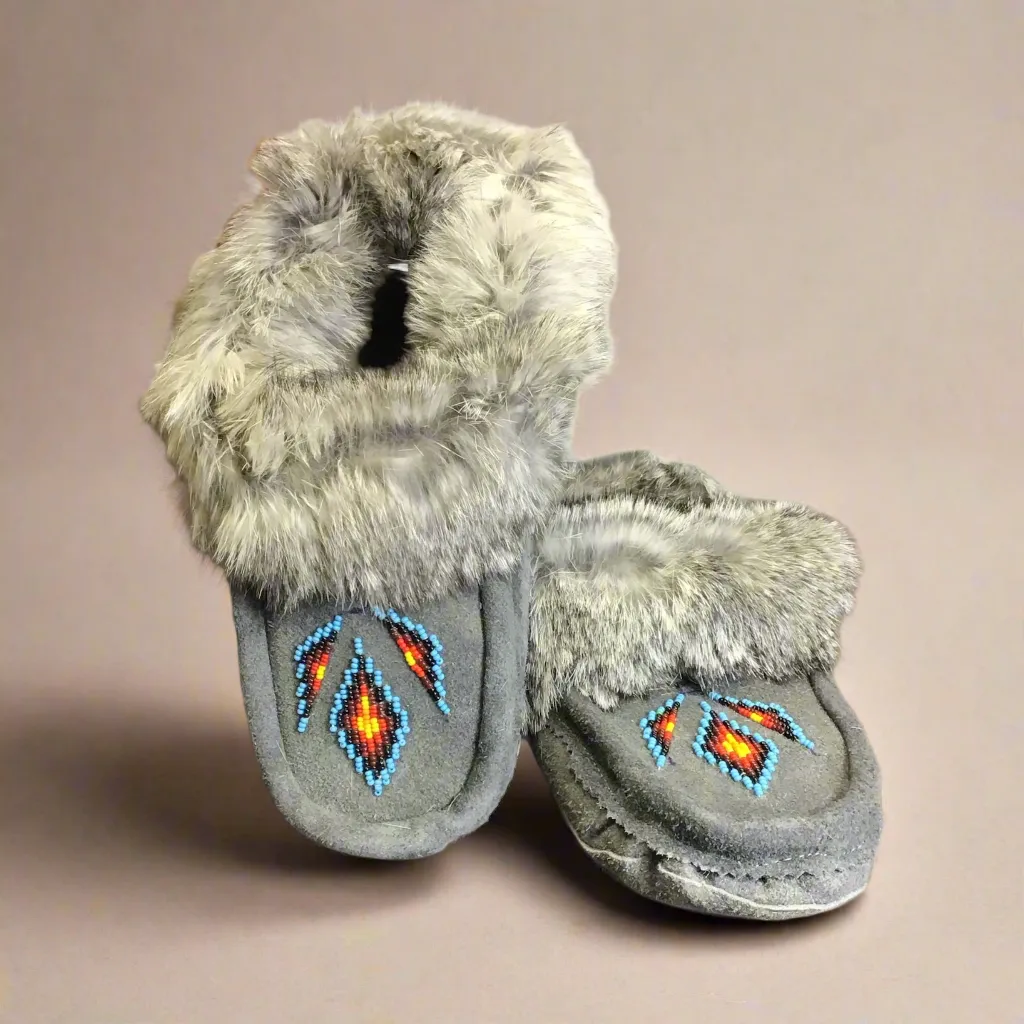 Moccasins Grey with Turquoise Beadwork