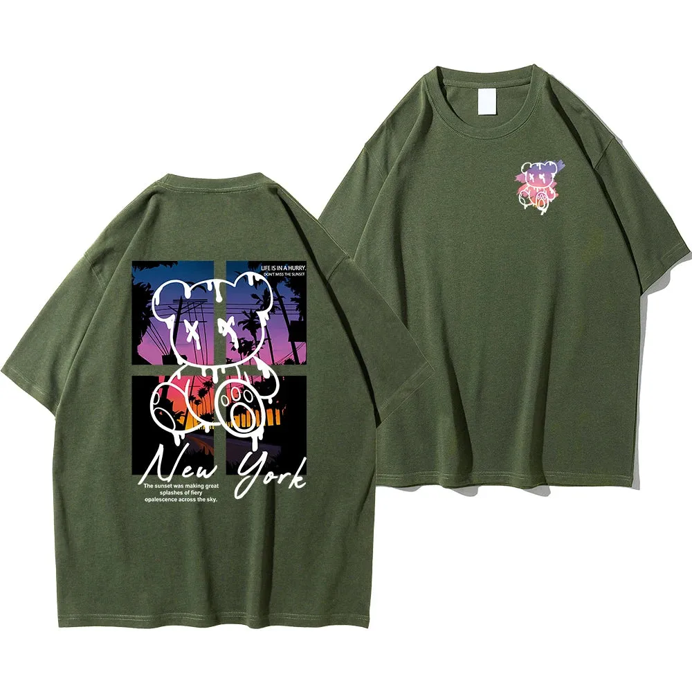 New York Urban Sunset Bear Graphic T-Shirt - Unisex Casual Style