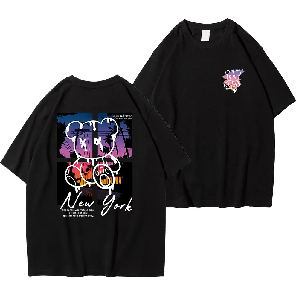 New York Urban Sunset Bear Graphic T-Shirt - Unisex Casual Style