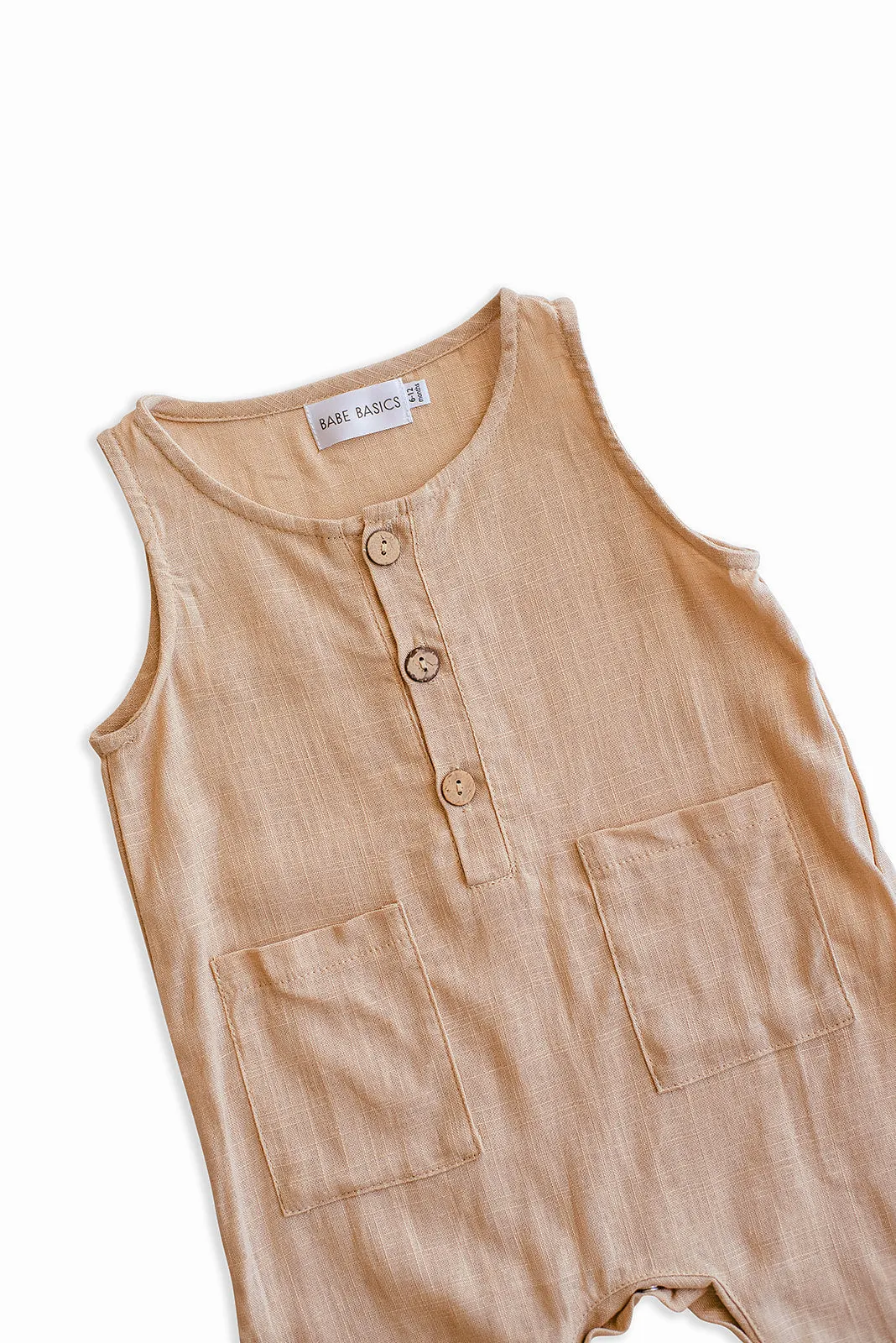 Oatmeal Cropped Linen Baby Romper by Babe Basics